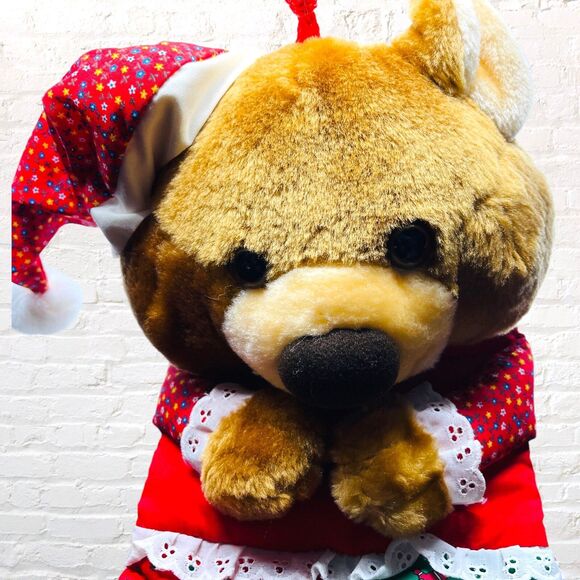Vintage 1980s Christmas Stocking 21" Smithy Brown Teddy Bear Plush Quilted - Picture 4 of 14